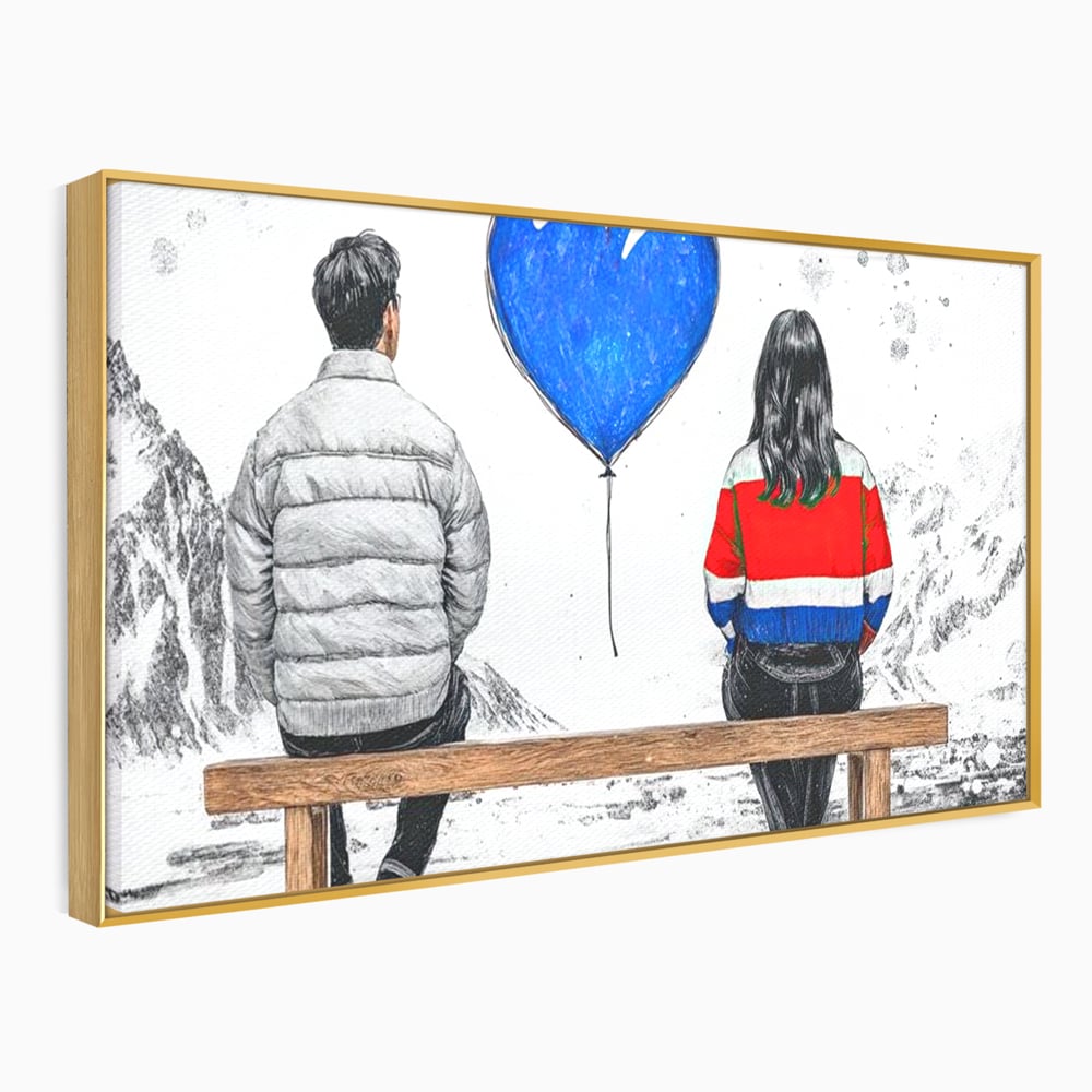 Tablou canvas cu ilustratie cu doi tineri pe banca, in rama de aluminiu auriu